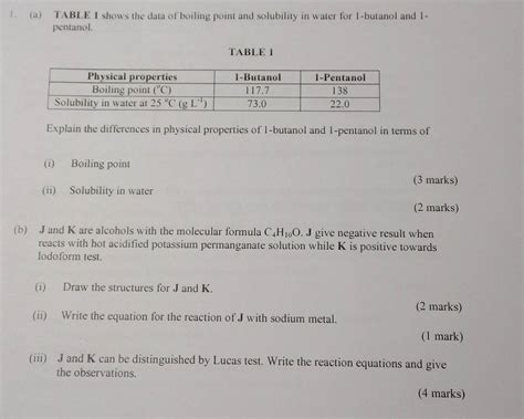 Solved: 1. (a) TABLE I shows the data of boiling point and solubility in water for 1-butanol and ...