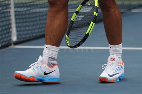 Grand Slam Champion Rafael Nadal Of Spain Wears Custom Nike Tennis Shoes During Practice For US ...