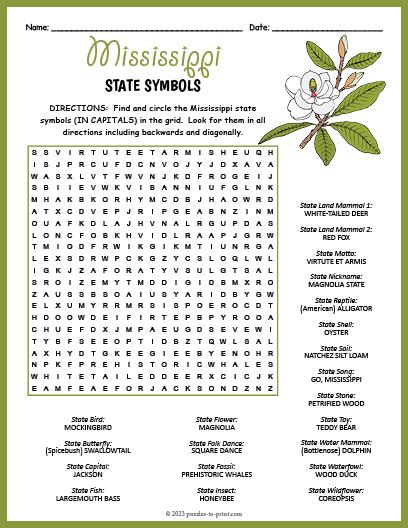 State Symbols of Mississippi Word Search