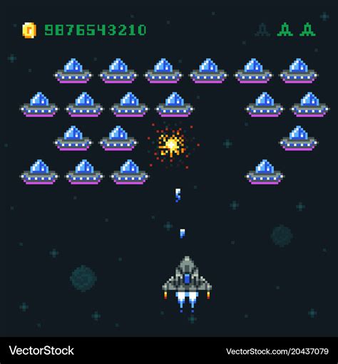 Retro arcade game screen with pixel invaders Vector Image