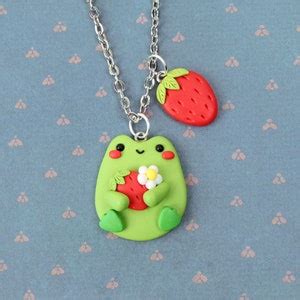 Goblincore Jewelry Frog With Strawberry Necklace Happy Green - Etsy