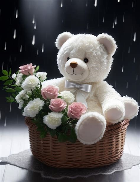 Premium AI Image | There is a teddy bear sitting in a basket with flowers