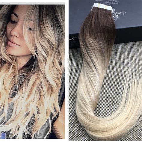 Full Shine Blonde Ombre Human Hair Balayage Skin Weft Seamless Hair ...