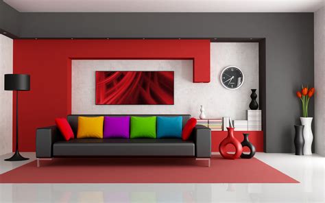 Desktop Wallpaper: 3D Interior Design Leather Sofa and Colorful Pillows Desktop Wallpaper