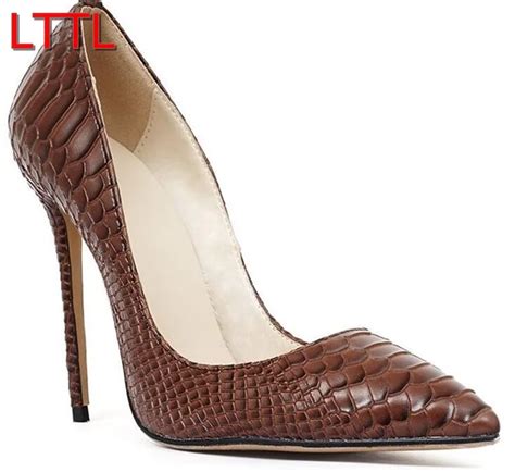 2016 LTTL Women Pointy Toe Pumps Patent Leather High Heels Brown Pumps Snake Skin Print High ...