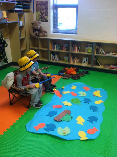 Fishing for paper fish! Paper clips on fish and magnetic poles--preschool fun! Camping Dramatic ...