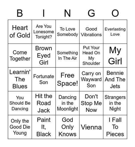 Classic Oldies Music Bingo Card