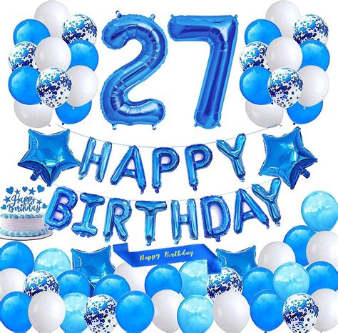 Buy Blue 27th Birthday Decoration Happy Birthday Banner Number 27 Balloons Blue Happy Birthday ...