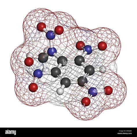 Tetryl explosive molecule. 3D rendering. Atoms are represented as spheres with conventional ...