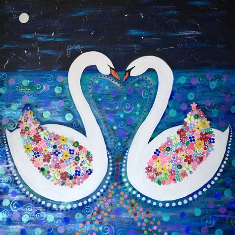 two white swans in the shape of hearts on a blue background with ...