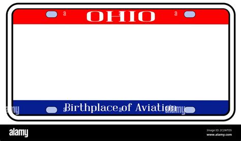 Ohio state license plate in the colors of the state flag with icons over a white background ...