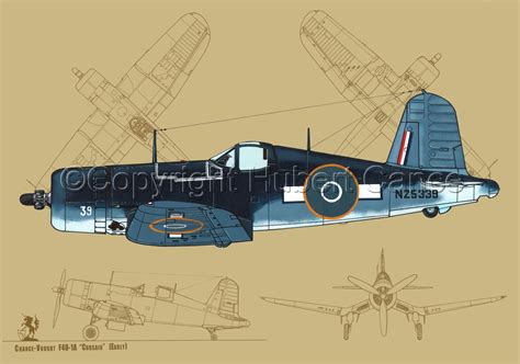 "Chance-Vought F4U-1A Corsair (Blueprint #3)" (Original art by Hubert Cance)