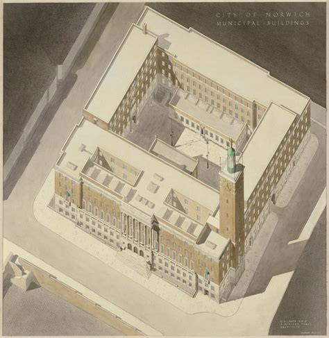 Design for Municipal Building (Town Hall), Norwich, Norfolk: bird's-eye ...