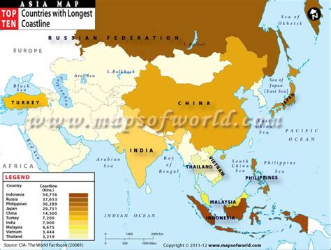 Asia Map showing the Asian Countries by Longest Coastline. | Asia map, Largest countries, Asia