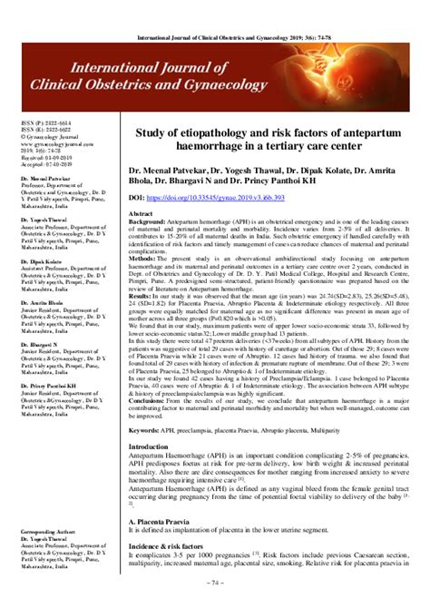 (PDF) Study of etiopathology and risk factors of antepartum haemorrhage in a tertiary care ...