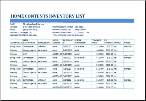 Excel Home Contents Inventory List Template | Excel Templates | List ...