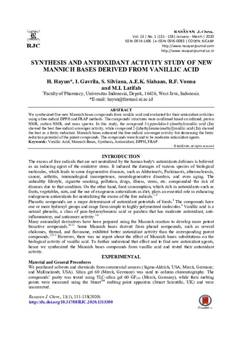 (PDF) SYNTHESIS AND ANTIOXIDANT ACTIVITY STUDY OF NEW MANNICH BASES DERIVED FROM VANILLIC ACID ...