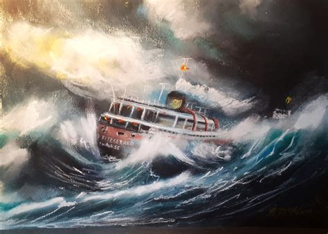 The Edmund Fitzgerald. Original art by me using wet charcoal and pastels. : r/ShipwreckPorn