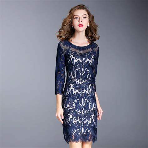 Women Winter Pencil Dress Office Ladies Embroidery Floral Pattern Blue Red Dress Three Quarter ...