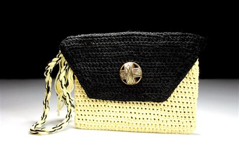 Wristlet, Purse, Crochet, Leather Interior, Coin Purse, Handmade, Yellow and Black