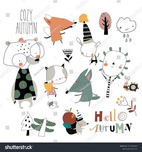 Cartoon Autumn Set Funny Animals Trees Stock Vector (Royalty Free ...