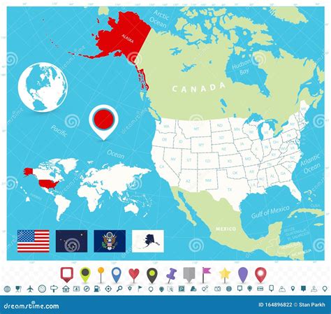 Location of Alaska on USA Map with Flags and Map Icons Stock Vector - Illustration of icons ...