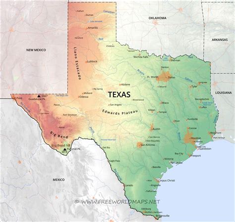 Physical map of Texas