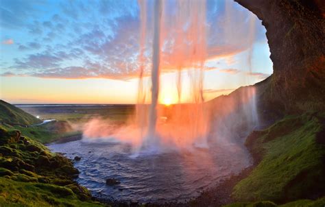 Wallpaper sunset, waterfall, stream, Iceland, Iceland, Seljalandsfoss ...