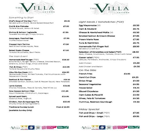 Menu at The Villa Levens restaurant, Kendal, A590