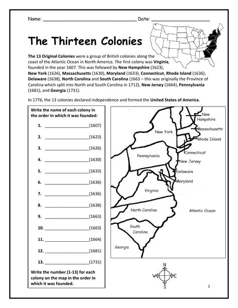 Map Of 13 Colonies Worksheet