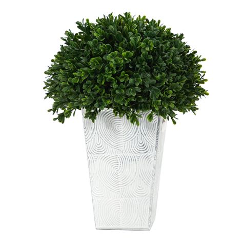 13” Boxwood Topiary Artificial Plant in Embossed White Planter UV ...