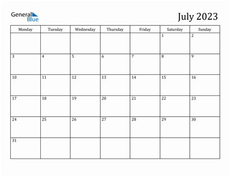 July 2023 Monday Start Calendar (PDF, Excel, Word)