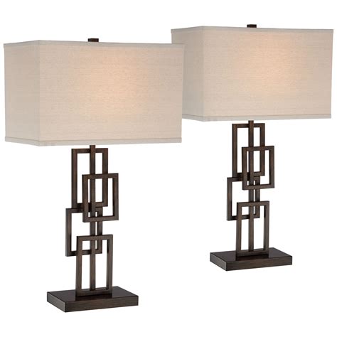 360 Lighting Modern Table Lamps Set of 2 Dark Bronze Metal Geometric Base Rectangular Shade for ...