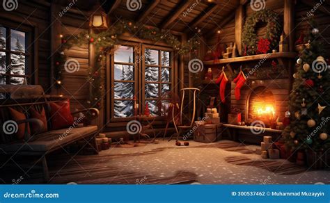 A Winter Christmas Cabin Interior Stock Illustration - Illustration of ...