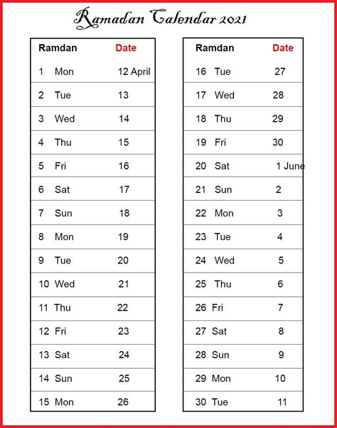 Printable 2021 Ramadan Calendar with Prayer Times [Ramzan 1442] | Calendar Dream