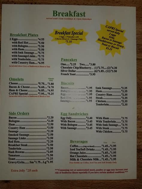 Menu at Capri Restaurant, Cartersville