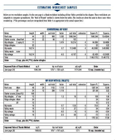 Printable Roofing Estimate Sheet