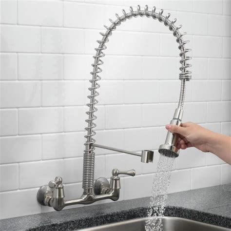 2-Handle Wall-Mount Pull-Down Sprayer Kitchen Faucet in Stainless Steel | Cozinha