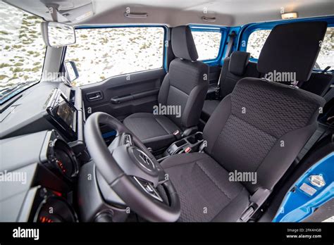 Moscow, Russia - January 24, 2020: Empty interior of new mini SUV Suzuki Jimny Static Photos in ...