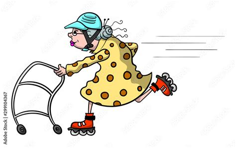 Cartoon illustration of an old lady speeding along with her walker and ...