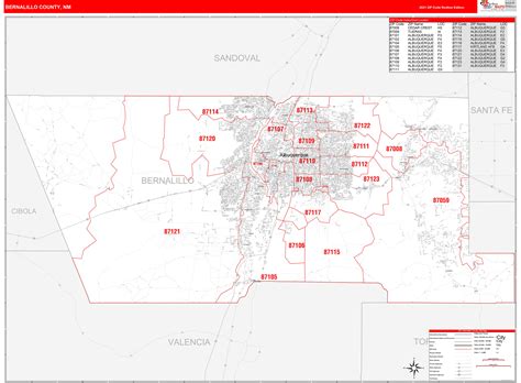 Bernalillo County, NM Zip Code Wall Map Red Line Style by MarketMAPS - MapSales