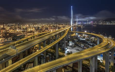 Wallpaper Stonecutters Bridge, Hong Kong, roads, night, city 1920x1200 HD Picture, Image