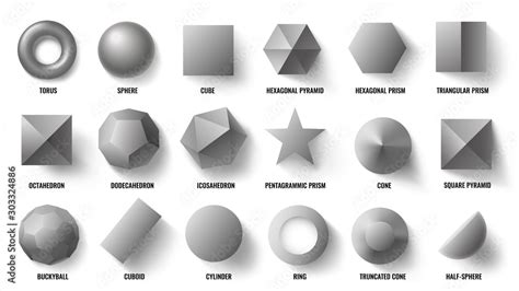 Basic 3d shapes top view. Realistic pyramid shape, geometric polygon figures and hexagon symbol ...