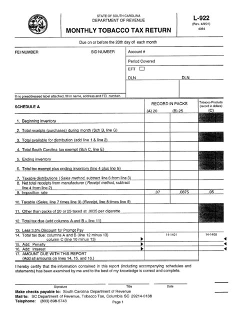 Form L-922 - Monthly Tobacco Tax Return printable pdf download