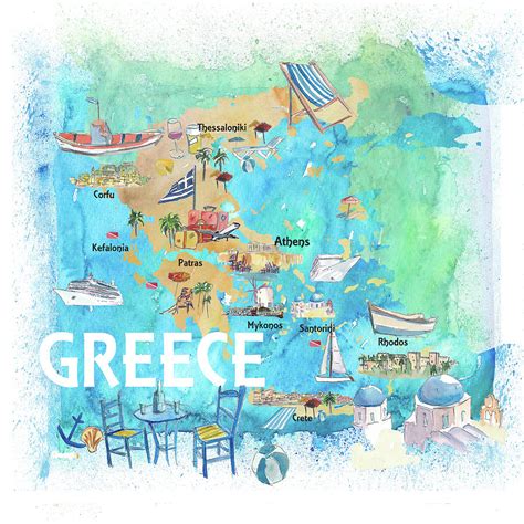 Greece Illustrated Travel Map with Landmarks and Highlights Painting by M Bleichner - Pixels