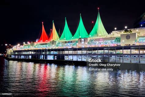 Night View Of Canada Place With Festive Christmas Red And Green ...