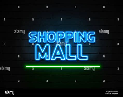 Shopping Mall neon sign - Glowing Neon Sign on brickwall wall - 3D rendered royalty free stock ...