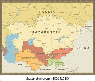 Central Asia Political Map Vintage Color Stock Vector (Royalty Free) 1036527109 | Shutterstock