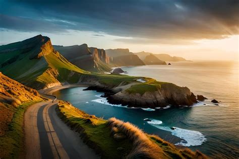 Premium AI Image | A road leads to a cliff edge with a sunset in the ...