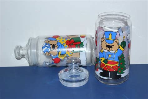 Pair of Christmas Teddy Bears Glass Jars, Holiday Canisters, Christmas ...
